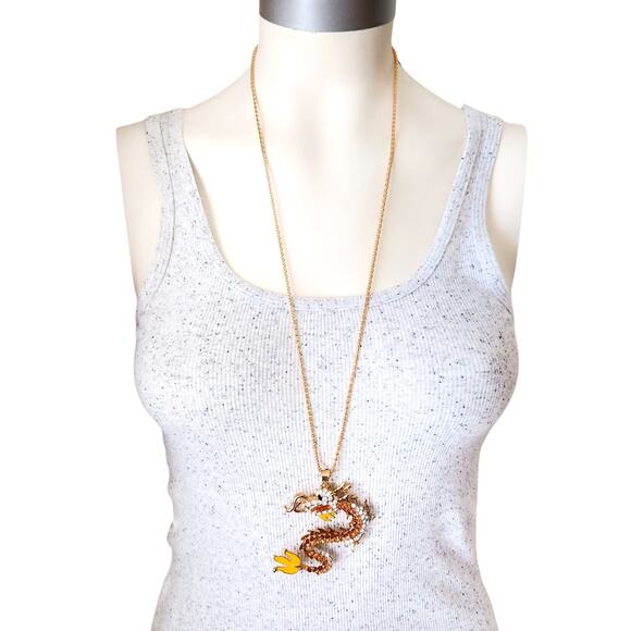 BETSEY JOHNSON bling statement chain goldtone Dragon amber crystal necklace NEW - Picture 5 of 5